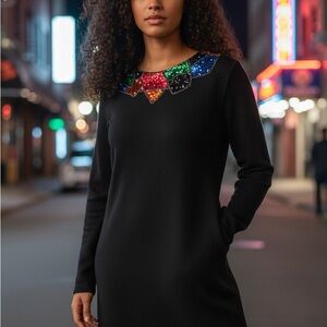 Vintage Black Long-Sleeve Sweater Dress with Multi-Color Gem Collar